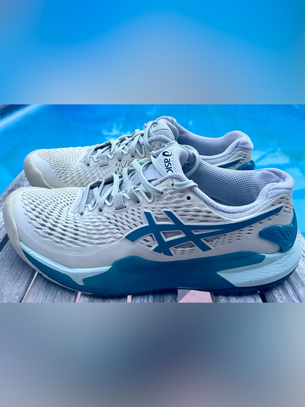ASICS Gel-Resolution 9 White/Teal/Blue Tennis Shoes Womens 9